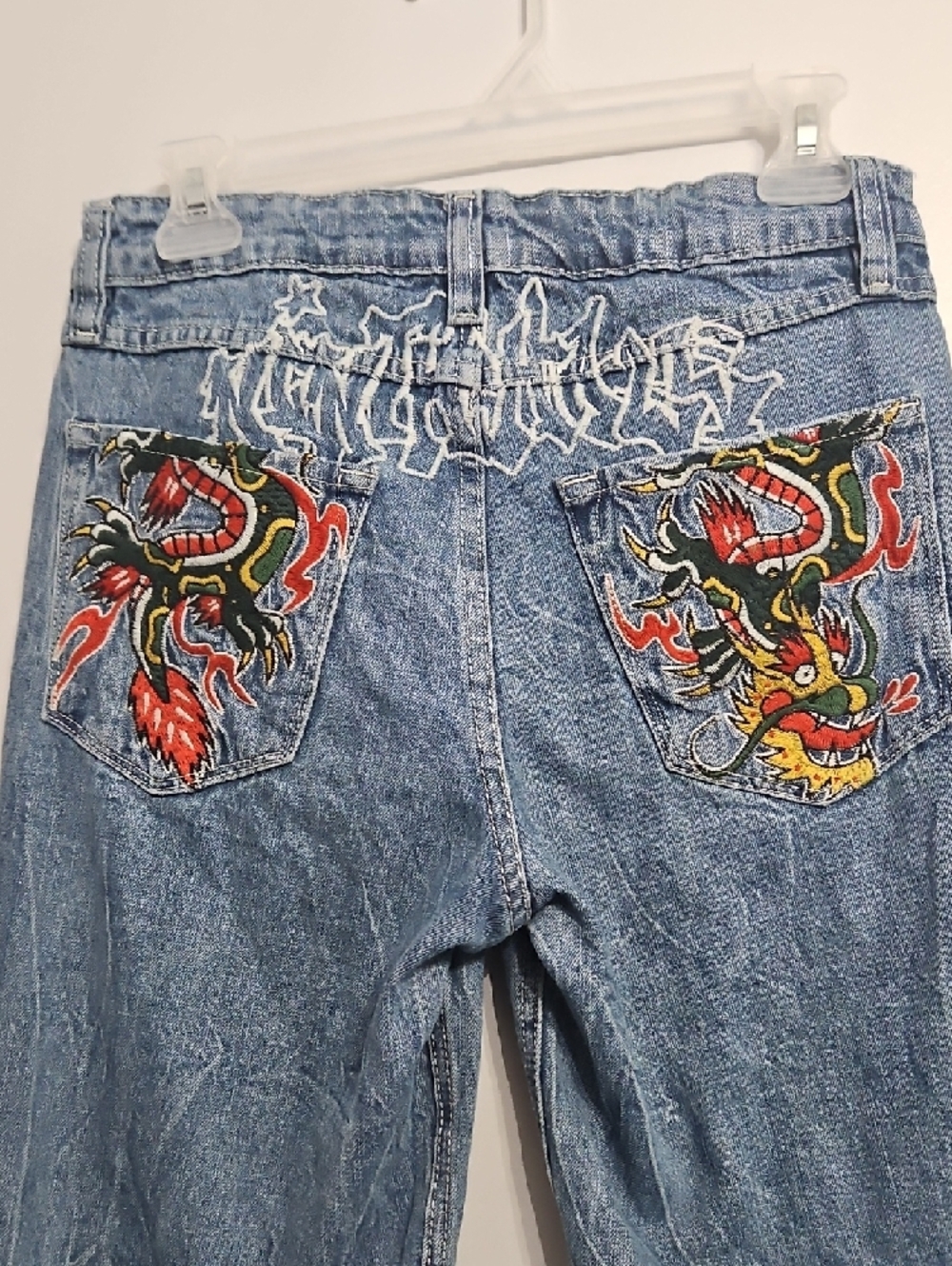 Vintage Inspired Ambush Light Blue Straight-Leg Jeans with Flame And Dragon